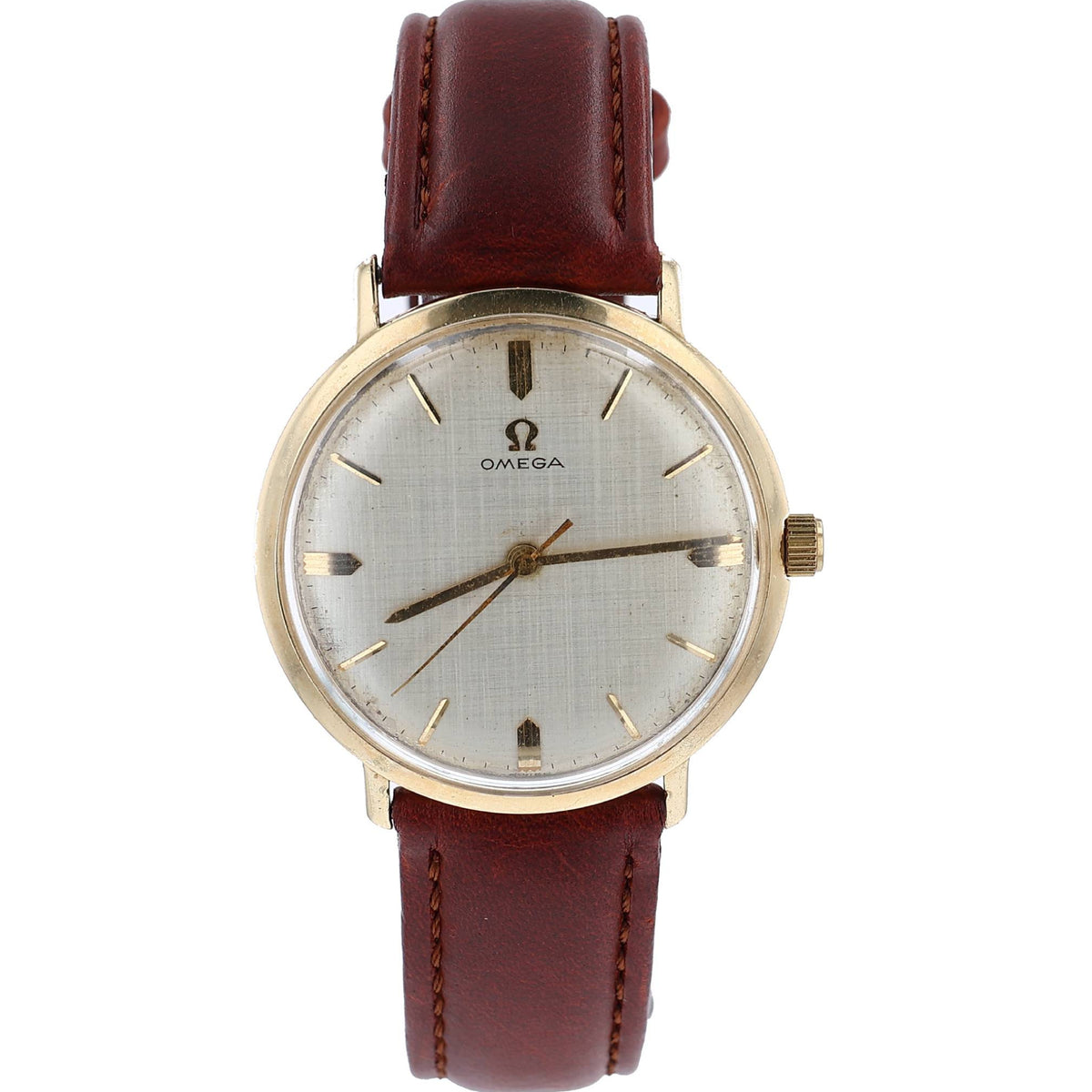Estate Omega 14k Yellow Gold Vintage Gents Cream Dial Brown Leather Strap