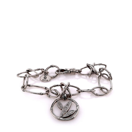 Estate John Hardy Sterling Silver Oval Bamboo Link Leaf Design Diamond Charm Chain Bracelet