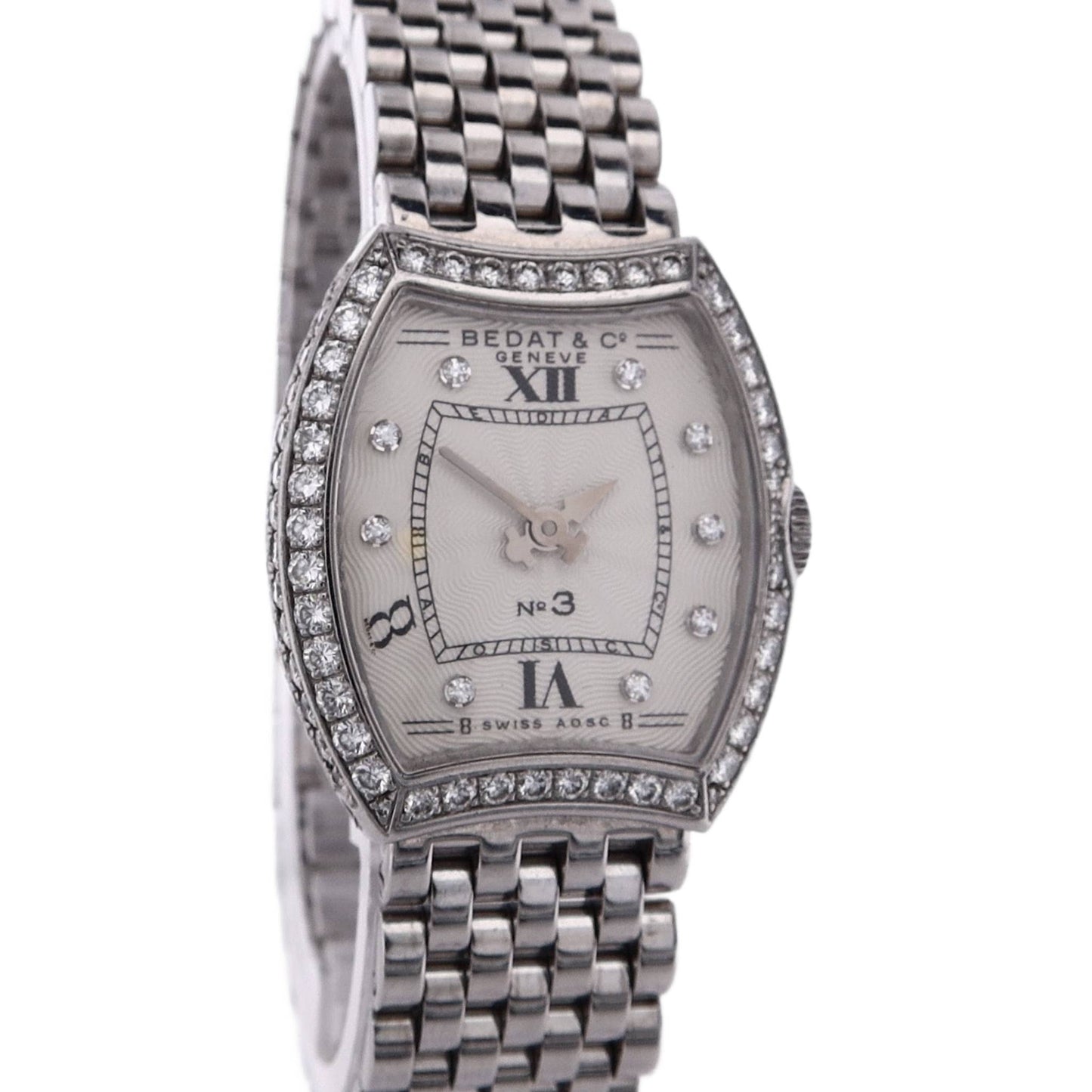 Estate Bedat & Co. No. 3 Stainless Steel Ladies Silver Diamond Roman Dial Diamond Bezel Polished Bracelet Quartz 304