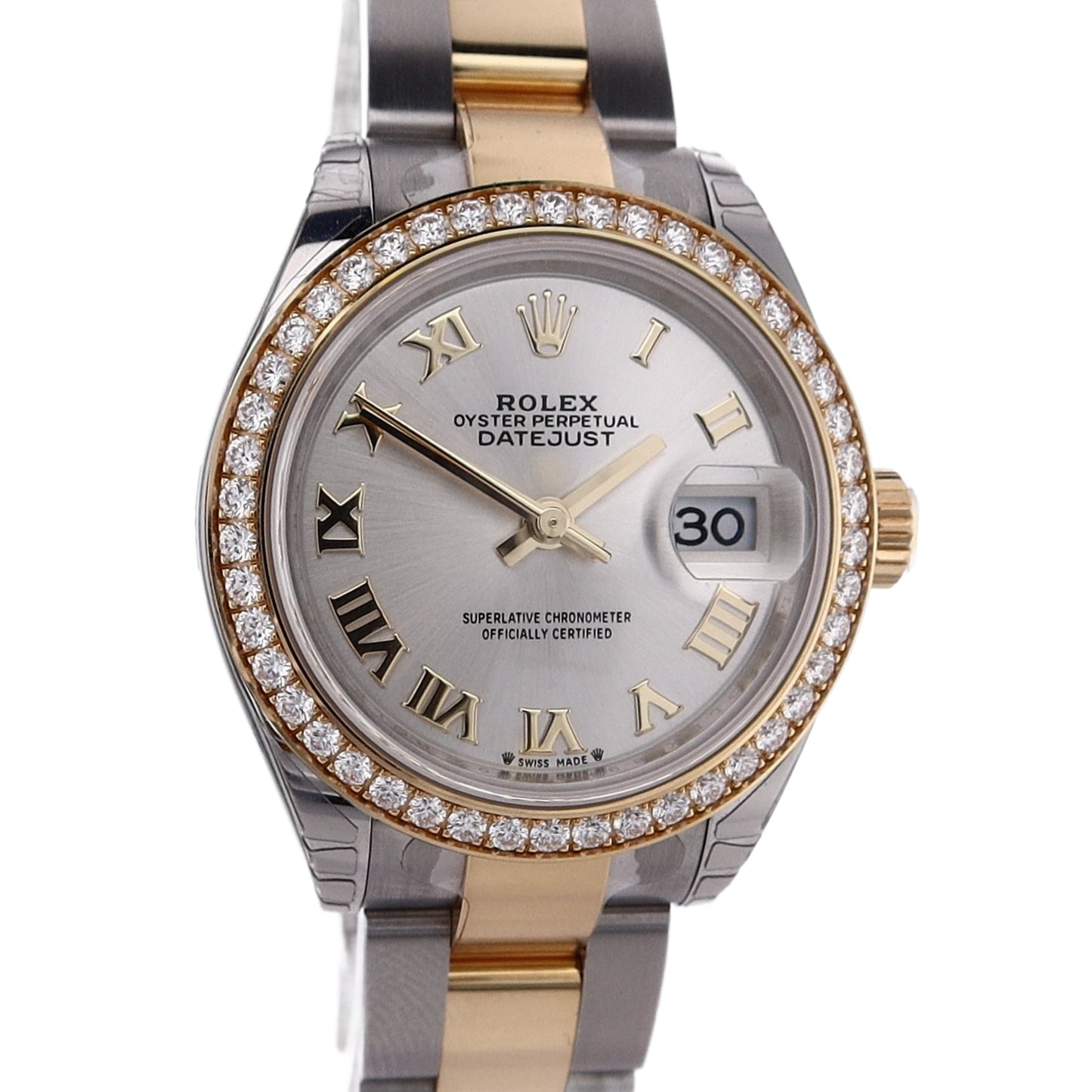 Estate Rolex Stainless Steel and 18 Karat Yellow Gold Ladies OPDJ Silver Roman Dial Diamond Bezel 279383RBR C.2023