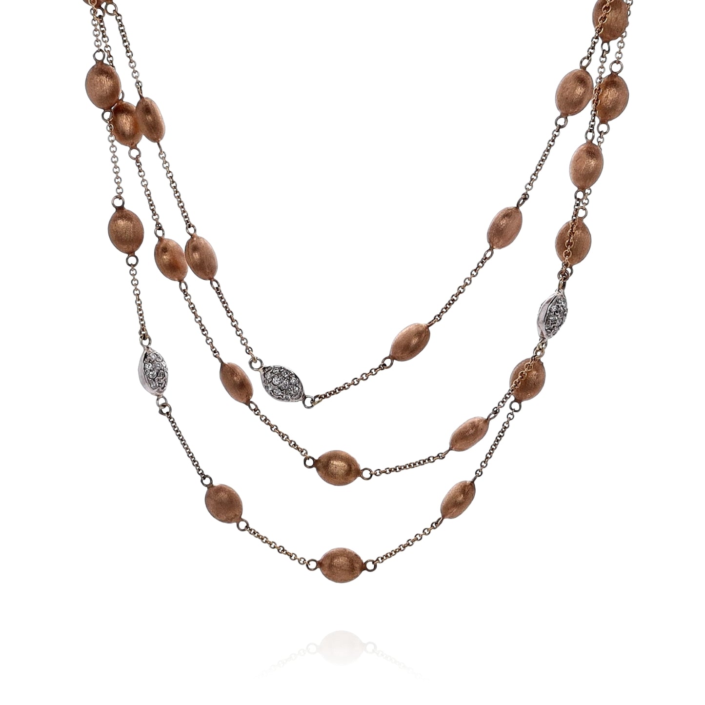 Estate 14k Rose Gold Brushed and Diamond Bead Station Multi-Strand Necklace