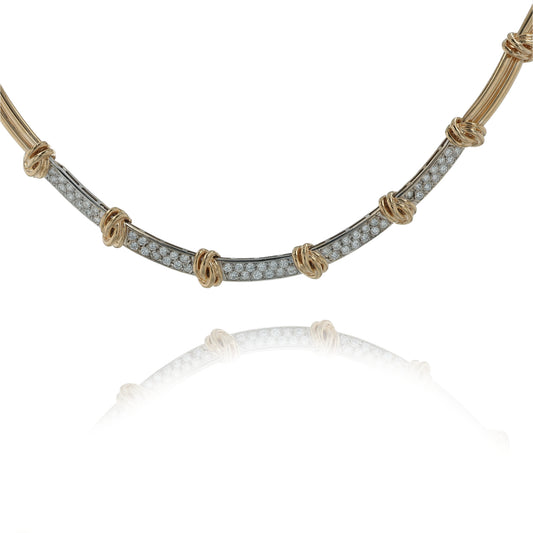 Estate 14 Karat Two-Tone Alternating Bar and Knot Design Diamond Collar Neckalce