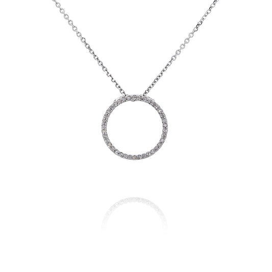 Estate 14 Karat White Gold Circle Diamond Pendant Necklace