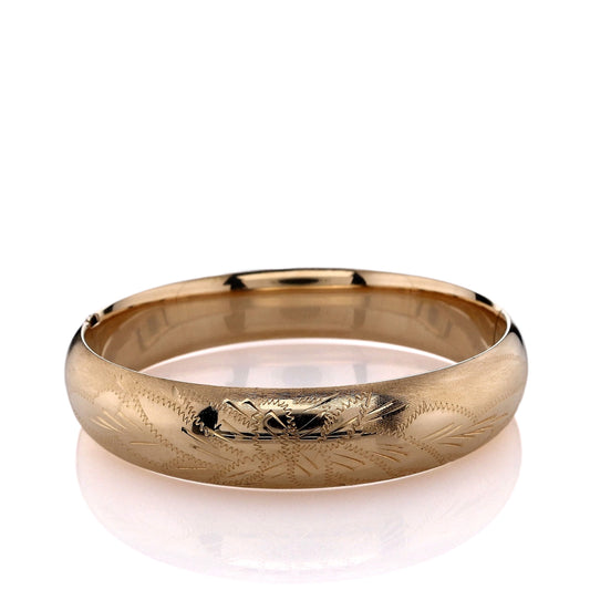 Estate 14k Yellow Gold Wide Polished and Engraved Leaf Motif Bangle Bracelet