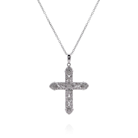 Estate 14k White Gold 16-18" Milgrain Edge Diamond Cross Pendant Necklace