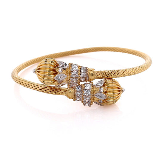 Estate 21 Karat Yellow Gold Bypass Design Diamond Simulant Bangle Bracelet
