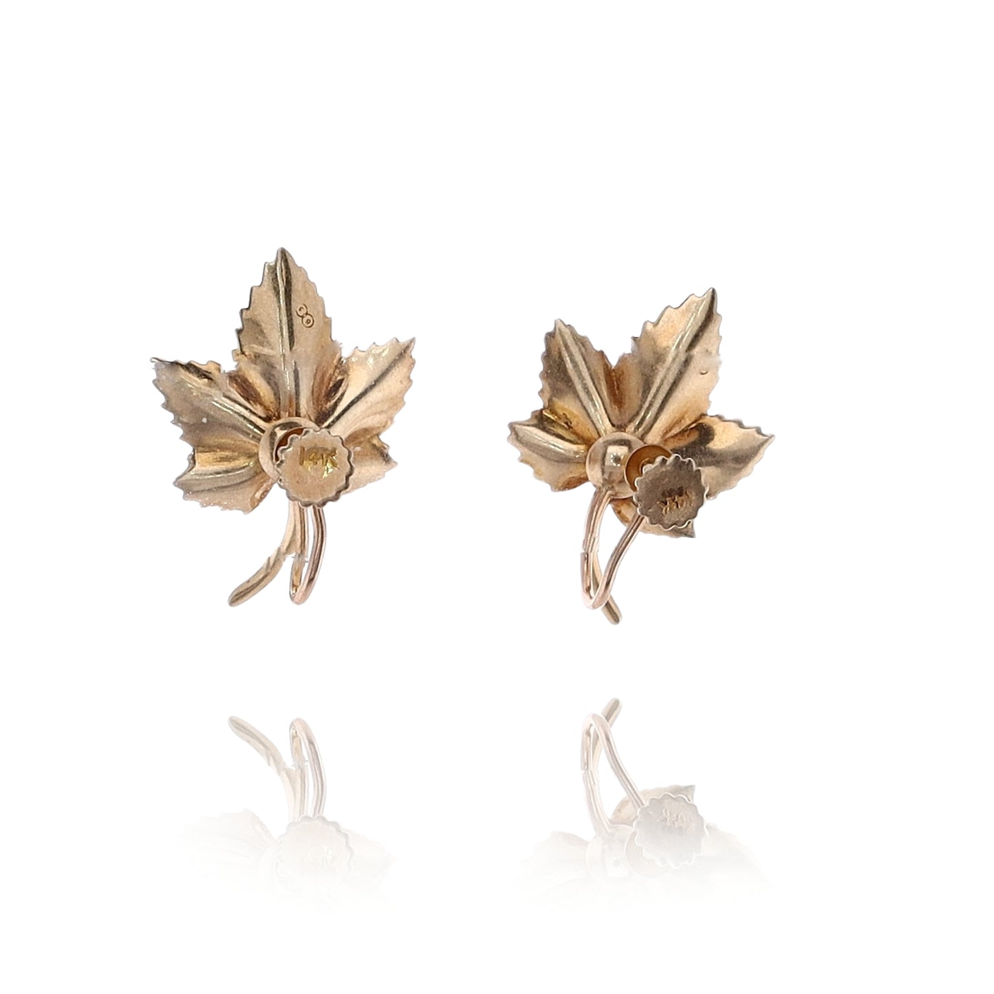 Estate 14 Karat Yellow Gold Earrings Maple Leaf Design Pearl Non-Pierced Earring