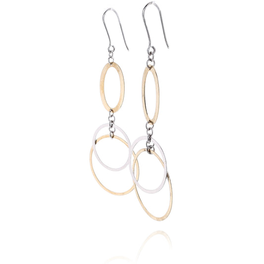 Estate 14 Karat Two-Tone Dangle Oval Double Circles Fish Hook Earrings