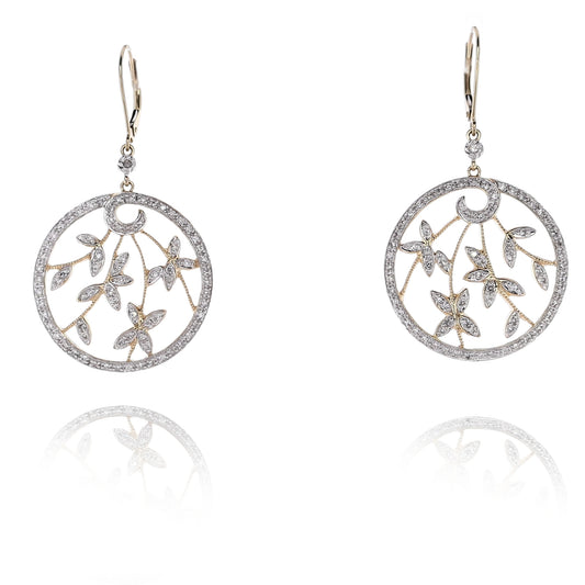 Estate 14 Karat Two-Tone Round Open Work Leaf Design Diamond Dangle Earrings