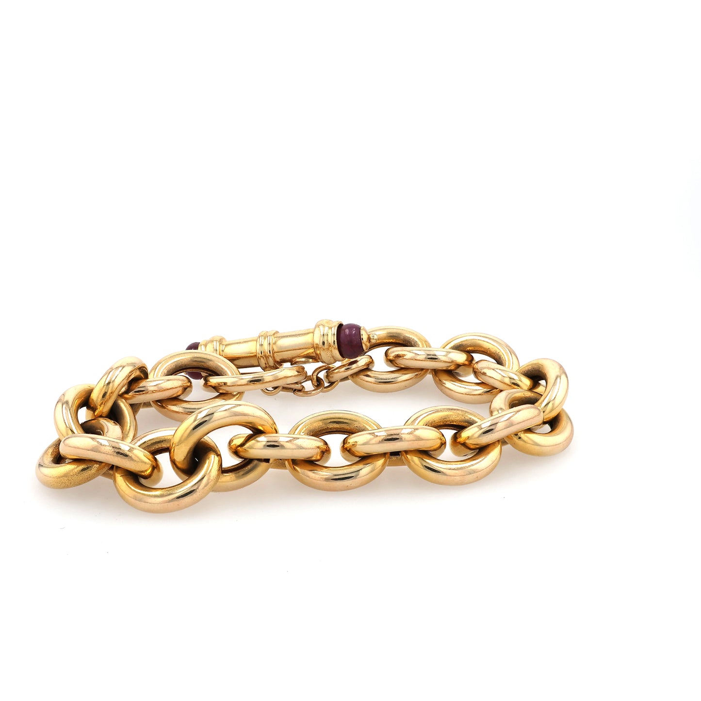 Estate 14 Karat Yellow Gold Polished Oval Link Bracelet With Ruby End Beads