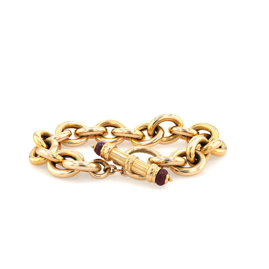 Estate 14 Karat Yellow Gold Polished Oval Link Bracelet With Ruby End Beads