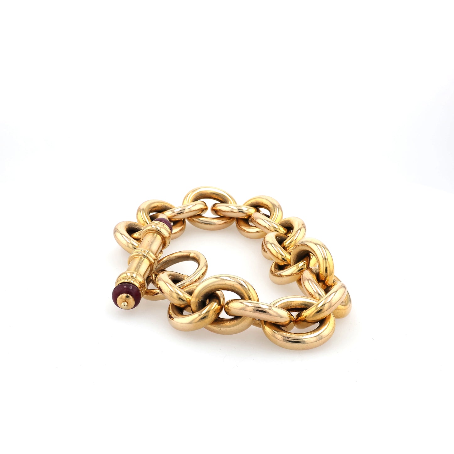 Estate 14 Karat Yellow Gold Polished Oval Link Bracelet With Ruby End Beads