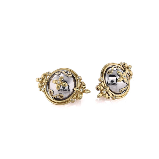Estate 18 Karat Two-Tone Diamond Domed Shield Design Omega Backed Earrings