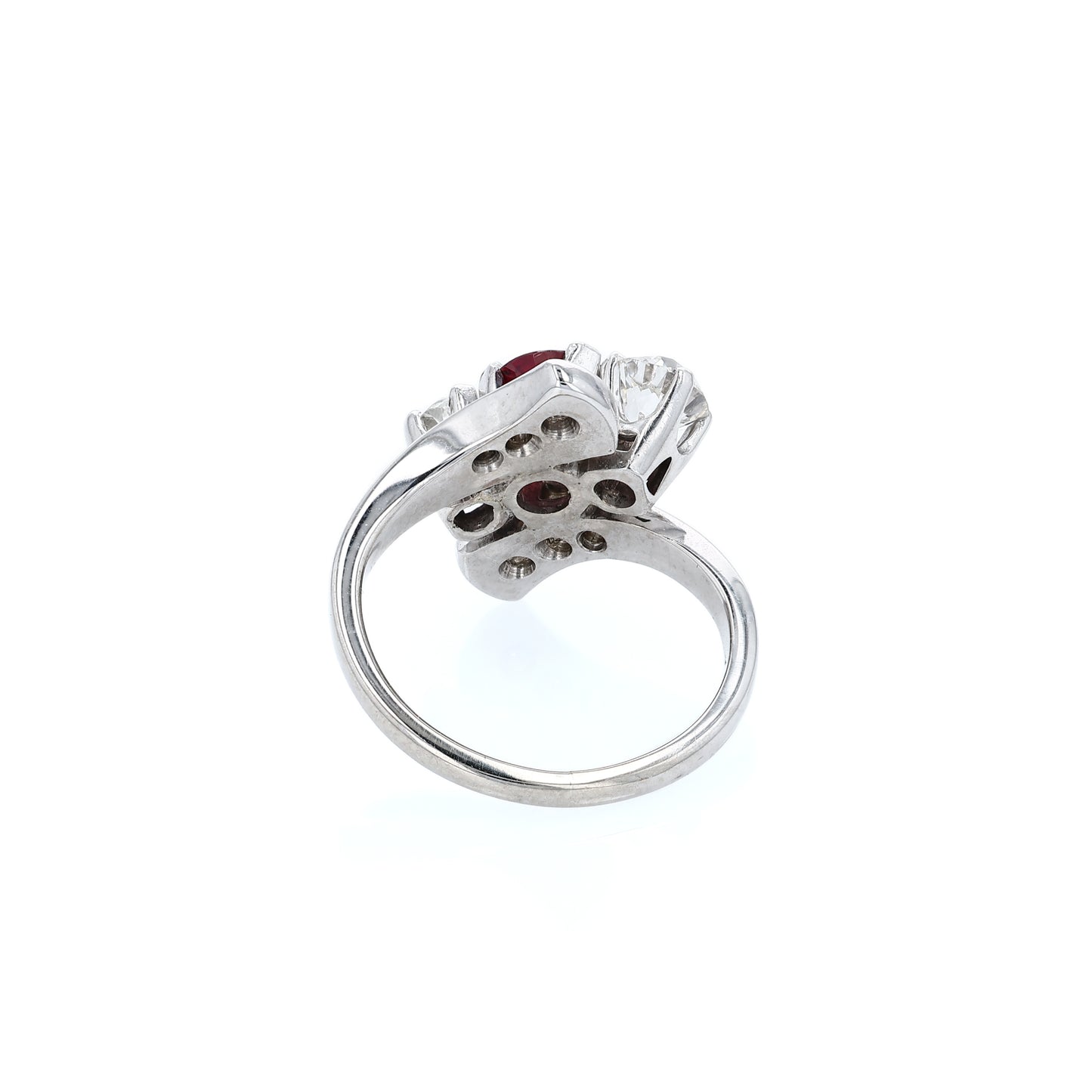 Estate 14k White Gold Ruby and Diamond Bypass Design Ring