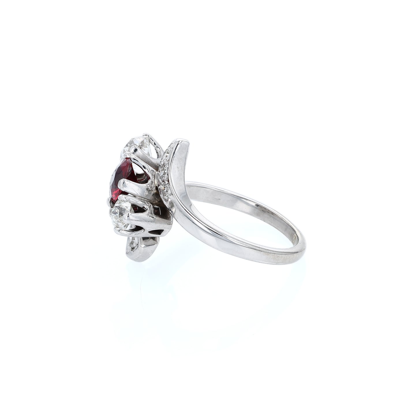 Estate 14k White Gold Ruby and Diamond Bypass Design Ring