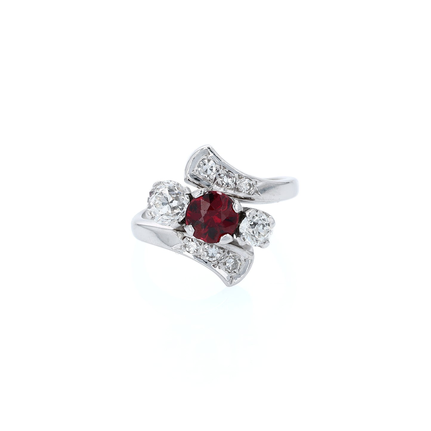 Estate 14k White Gold Ruby and Diamond Bypass Design Ring