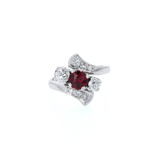 Estate 14k White Gold Ruby and Diamond Bypass Design Ring
