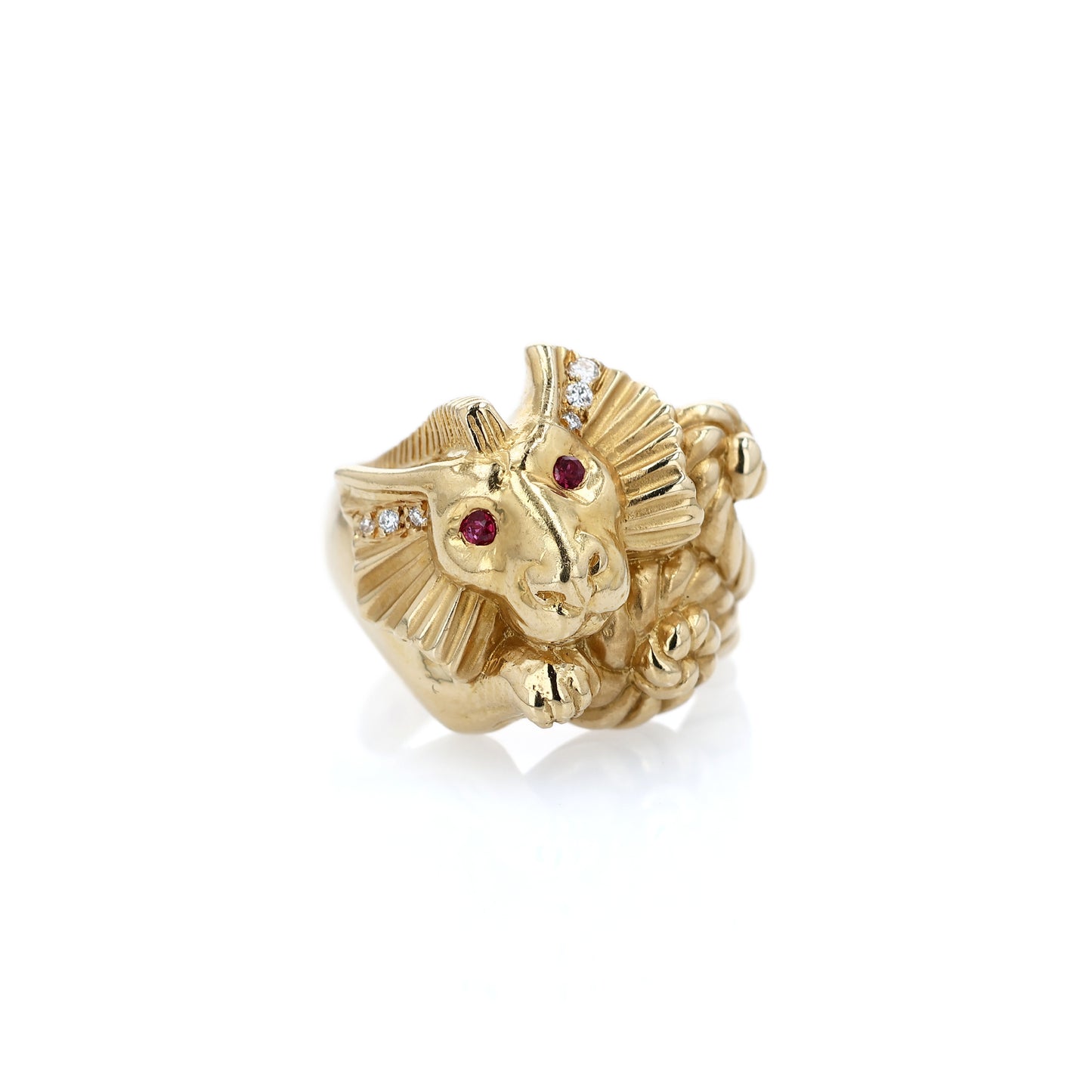 Estate 18k Yellow Gold Ruby Eyed and Diamond Mane Merlion Design Ring