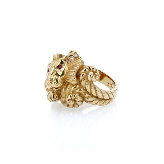 Estate 18k Yellow Gold Ruby Eyed and Diamond Mane Merlion Design Ring