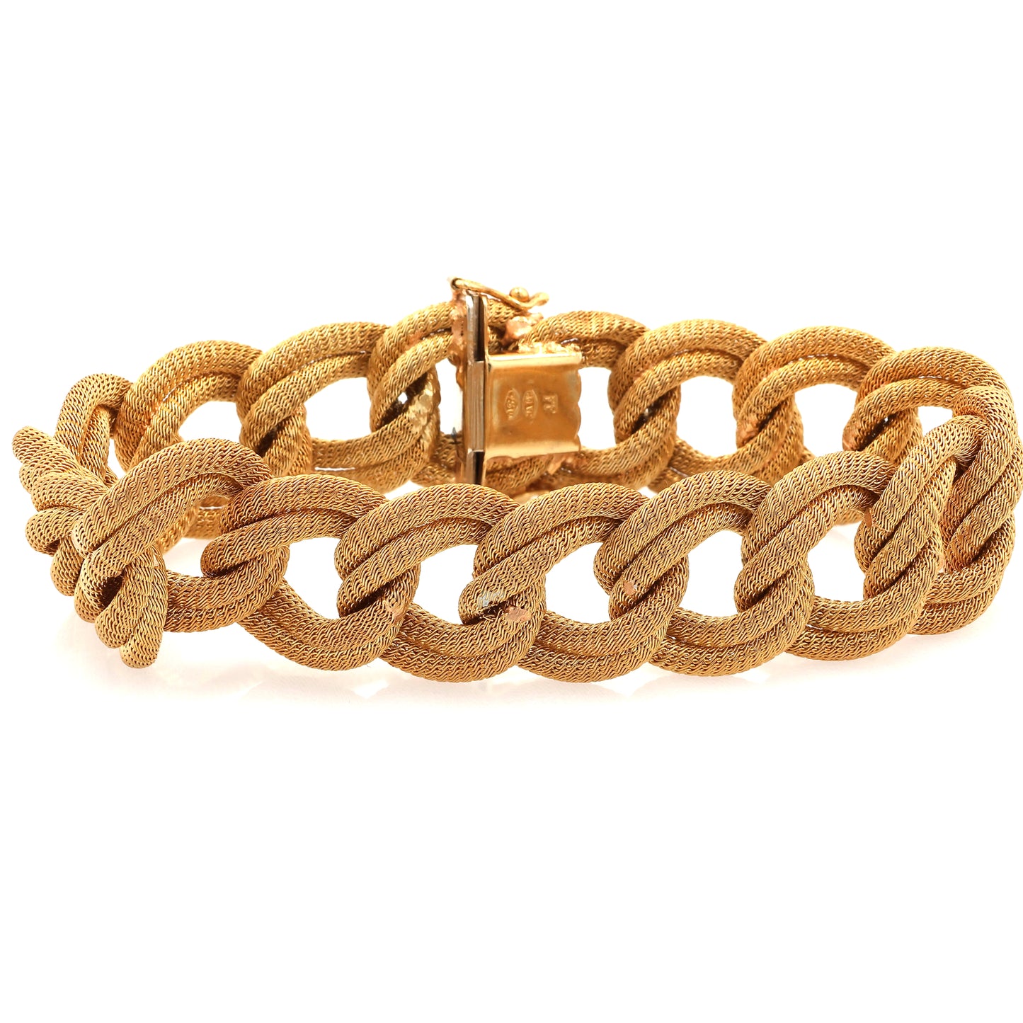 Estate 18 Karat Yellow Gold Interlocking Double Textured Oval Link Bracelet With Hidden Box Clasp