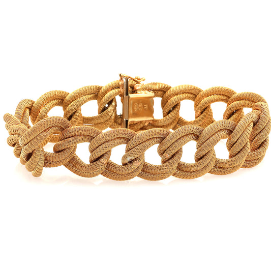 Estate 18 Karat Yellow Gold Interlocking Double Textured Oval Link Bracelet With Hidden Box Clasp