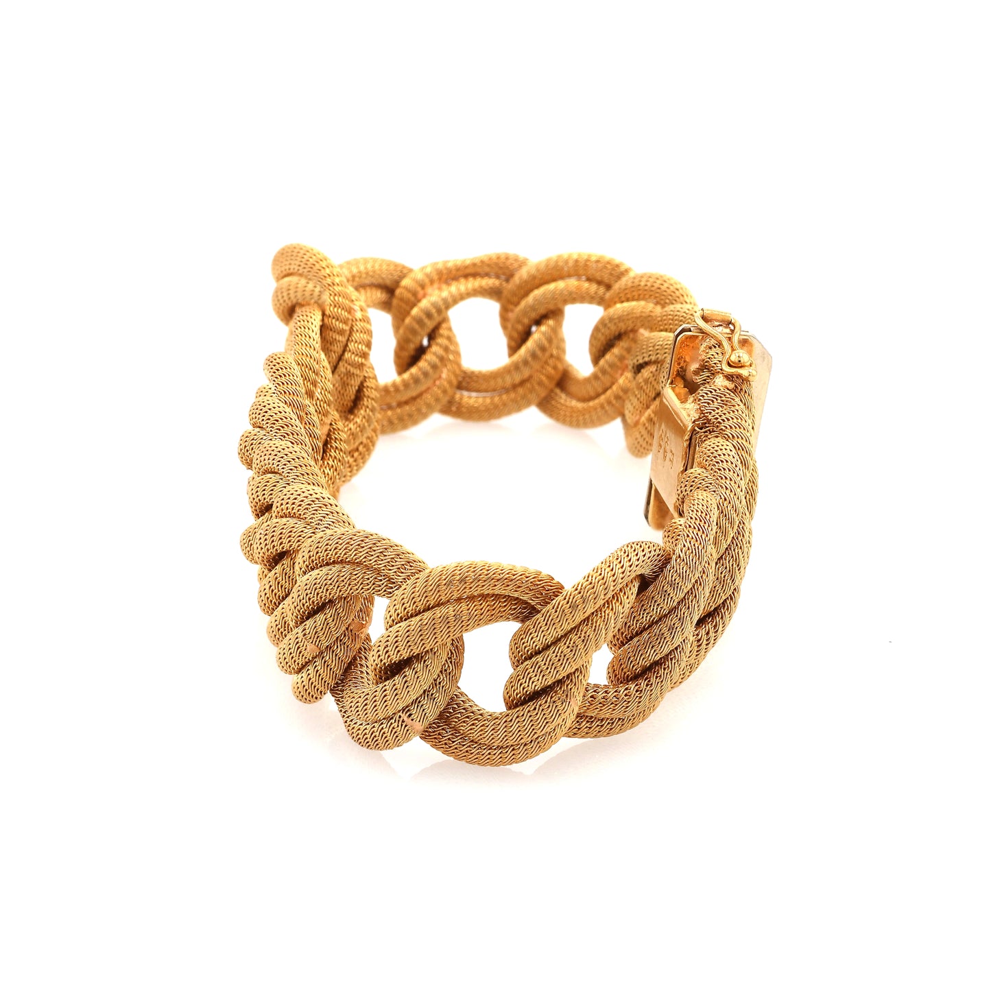 Estate 18 Karat Yellow Gold Interlocking Double Textured Oval Link Bracelet With Hidden Box Clasp