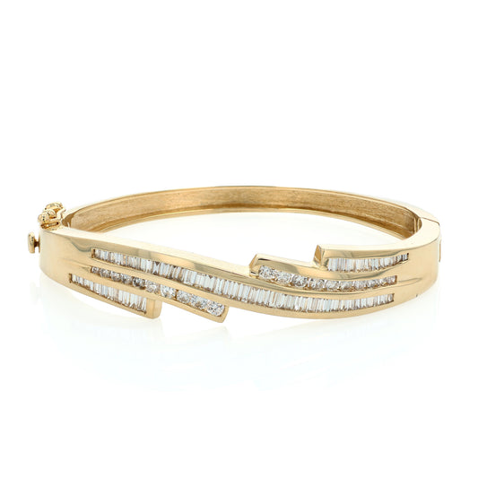 Estate 14k Yellow Gold Multi-Diamond Channel Hinged Bangle Bracelet