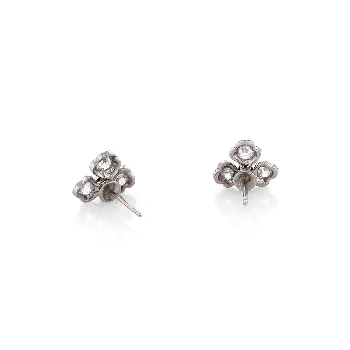 Estate 14k White Gold Clover Design Milgrain Edge Diamond Stud Earrings
