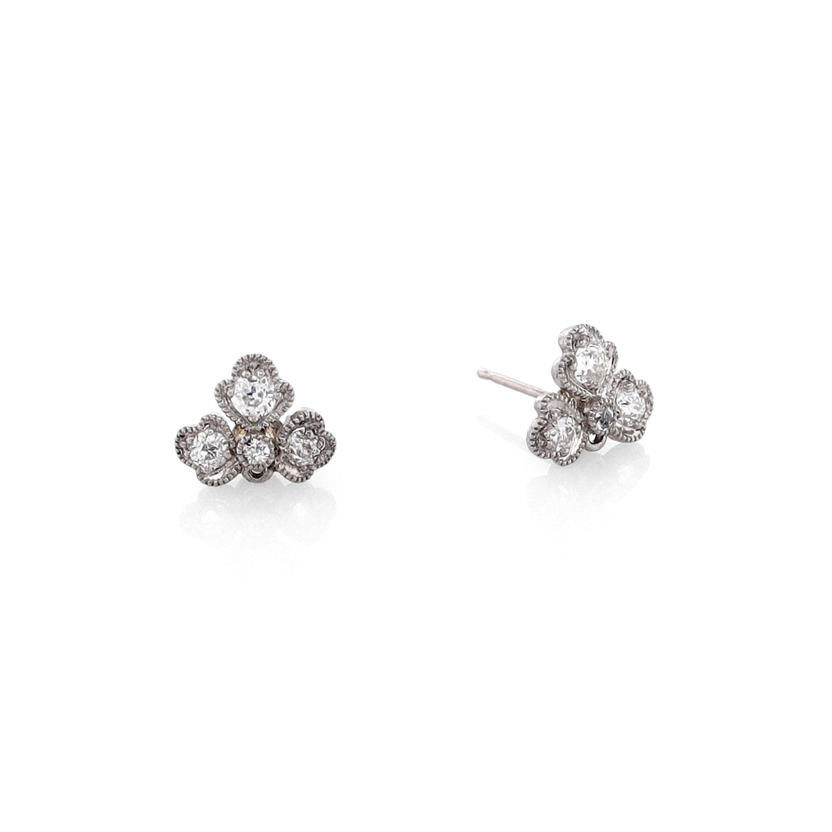 Estate 14k White Gold Clover Design Milgrain Edge Diamond Stud Earrings