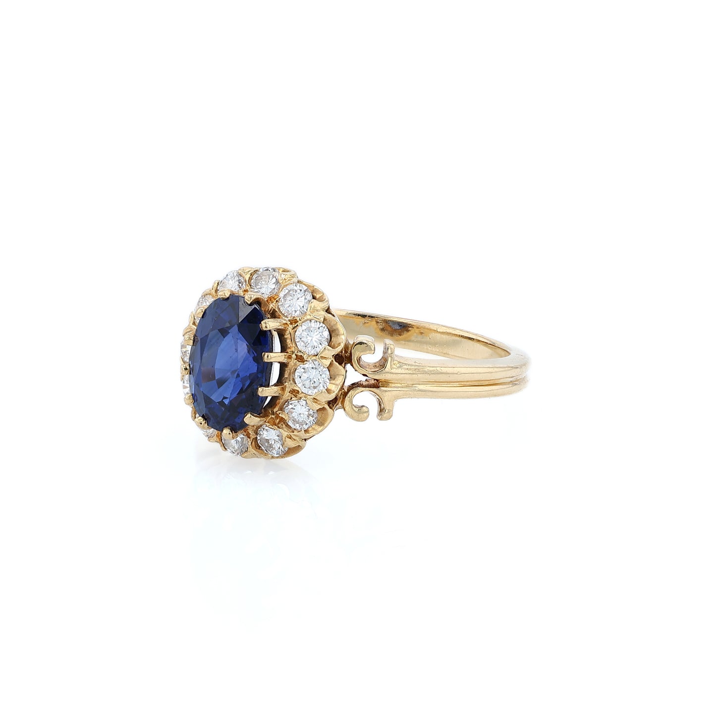 Estate 18k Yellow Gold Double Wire Shank Sapphire and Diamond Halo Ring