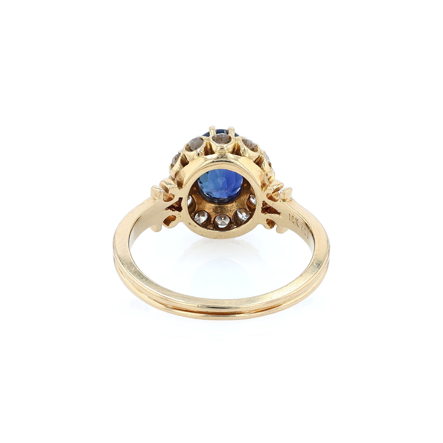 Estate 18k Yellow Gold Double Wire Shank Sapphire and Diamond Halo Ring