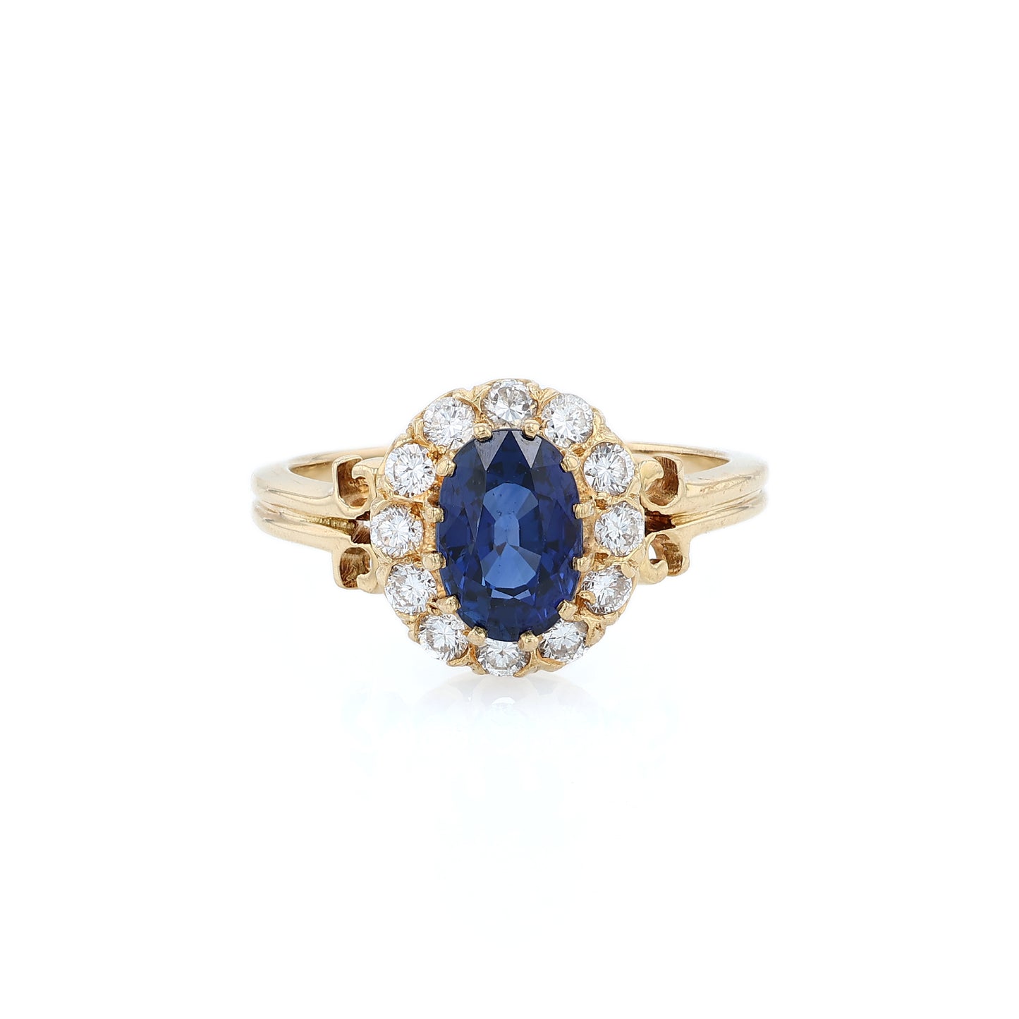 Estate 18k Yellow Gold Double Wire Shank Sapphire and Diamond Halo Ring