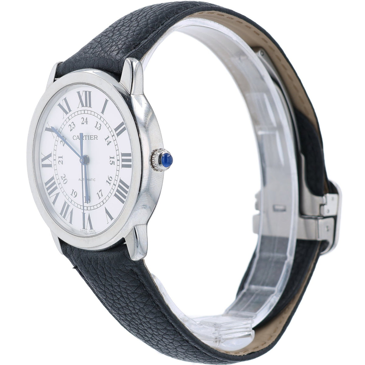 Estate Cartier Ronde Solo Silver Opaline Roman Dial Black Deployment Strap Automatic WSRN0021 W/Card