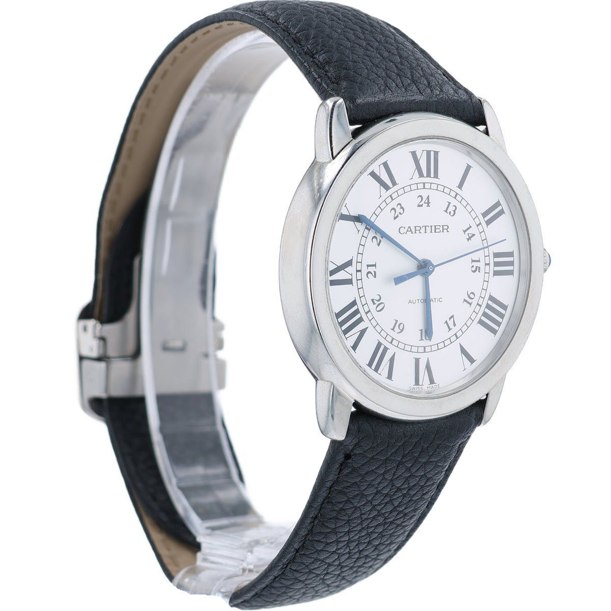 Estate Cartier Ronde Solo Silver Opaline Roman Dial Black Deployment Strap Automatic WSRN0021 W/Card