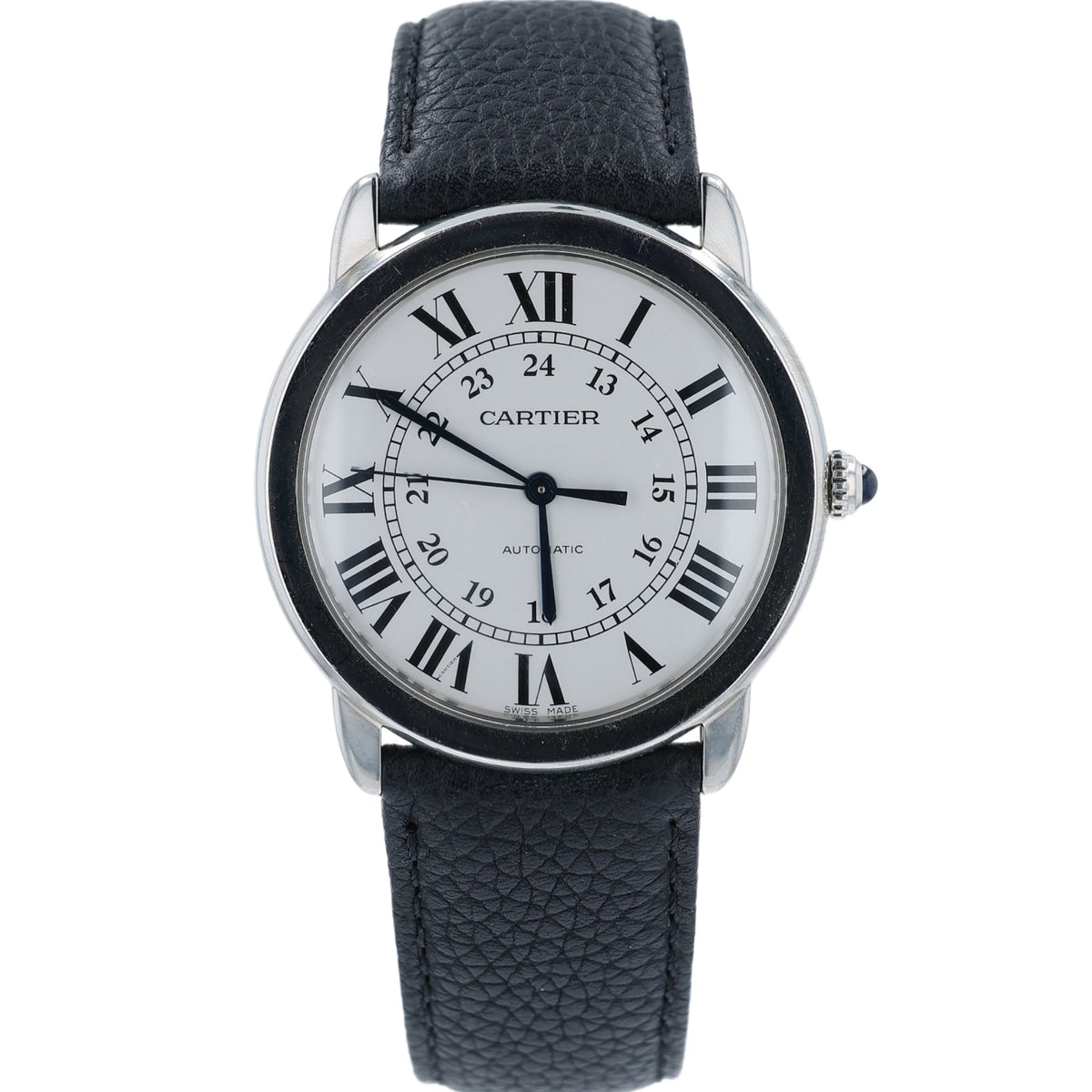 Estate Cartier Ronde Solo Silver Opaline Roman Dial Black Deployment Strap Automatic WSRN0021 W/Card