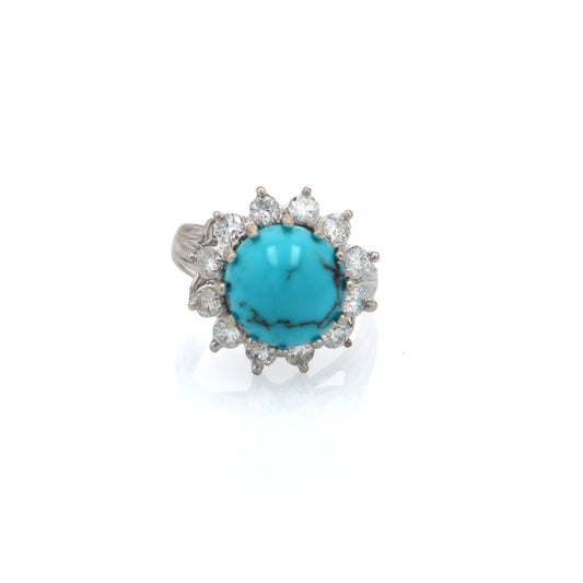 Estate 14 Karat White Gold Diamond and Turquoise Ring