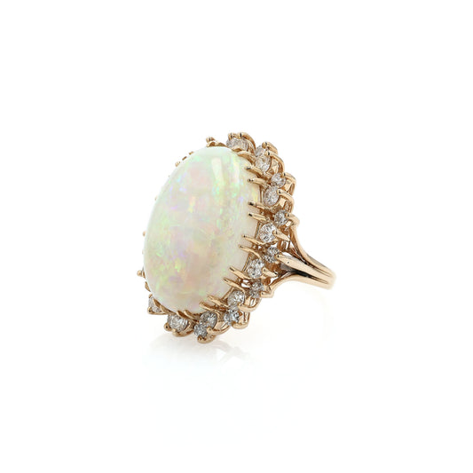 Estate 14k Yellow Gold Oval Opal and Diamond Halo Ring