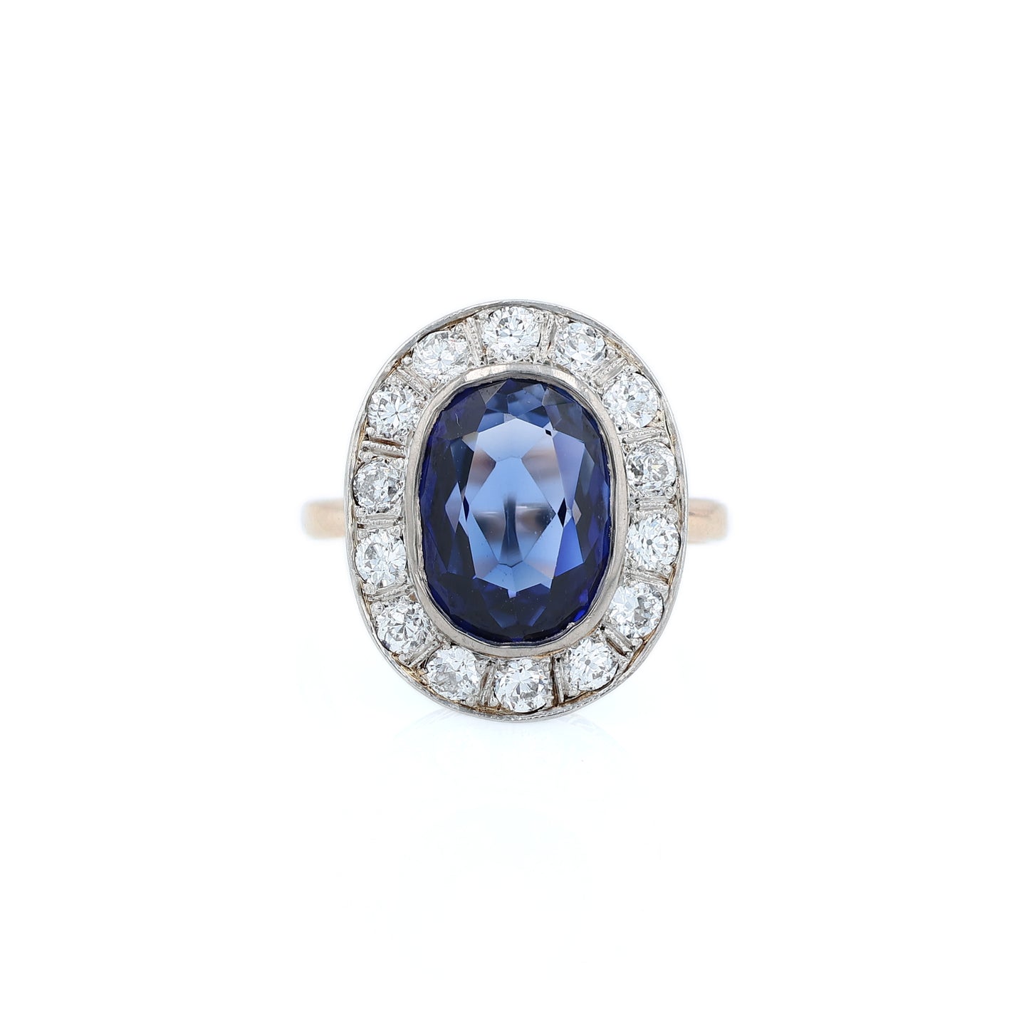 Estate 14k Two-Tone Bezel Set Sapphire and Diamond Halo Ring