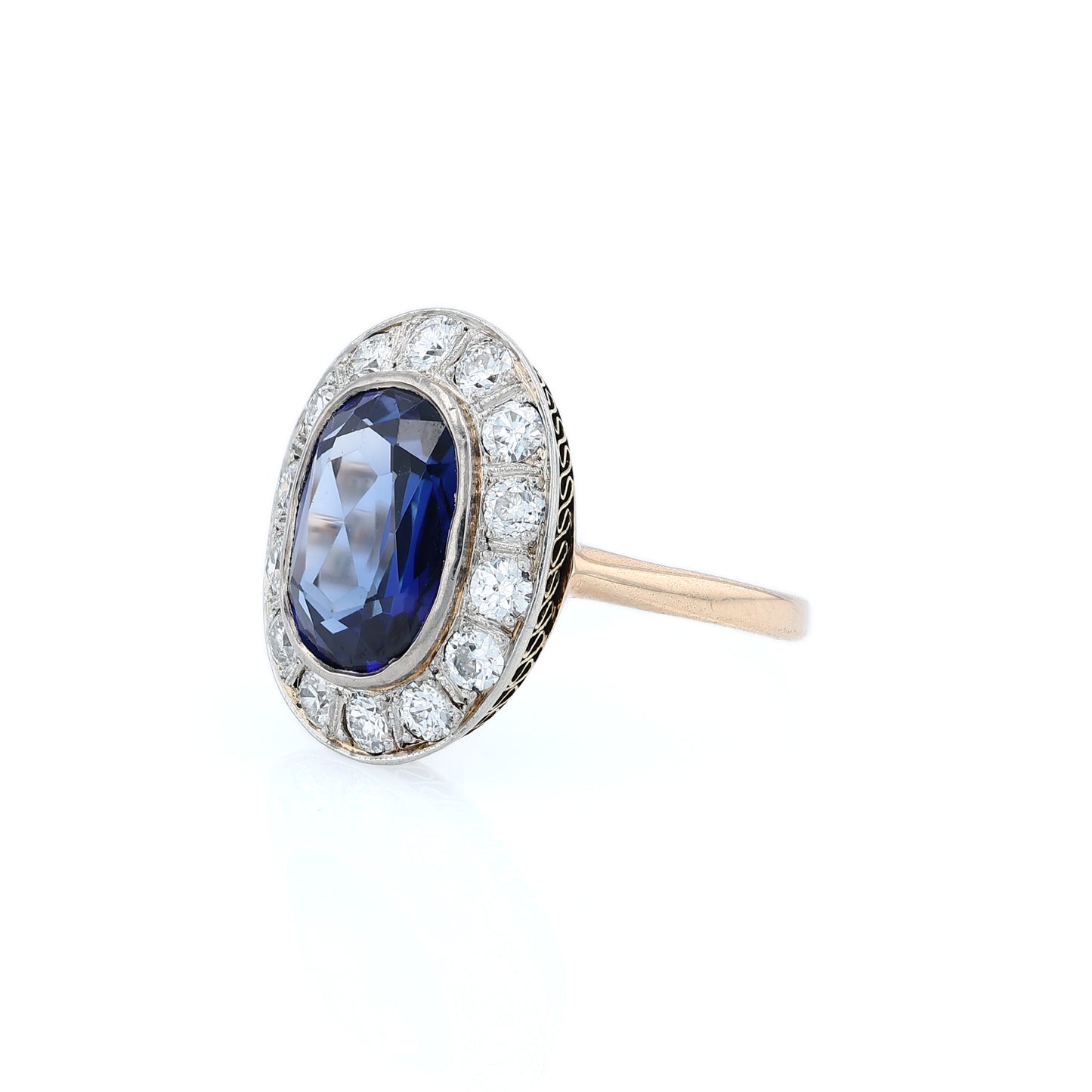Estate 14k Two-Tone Bezel Set Sapphire and Diamond Halo Ring
