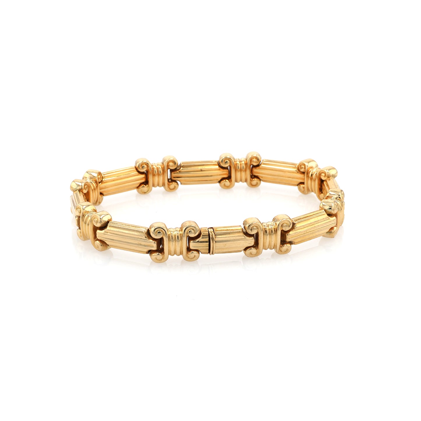 Estate 18 Karat Yellow Gold Alternating Ribbed Bar and Scroll Square Design Bracelet With Hidden Box Clasp