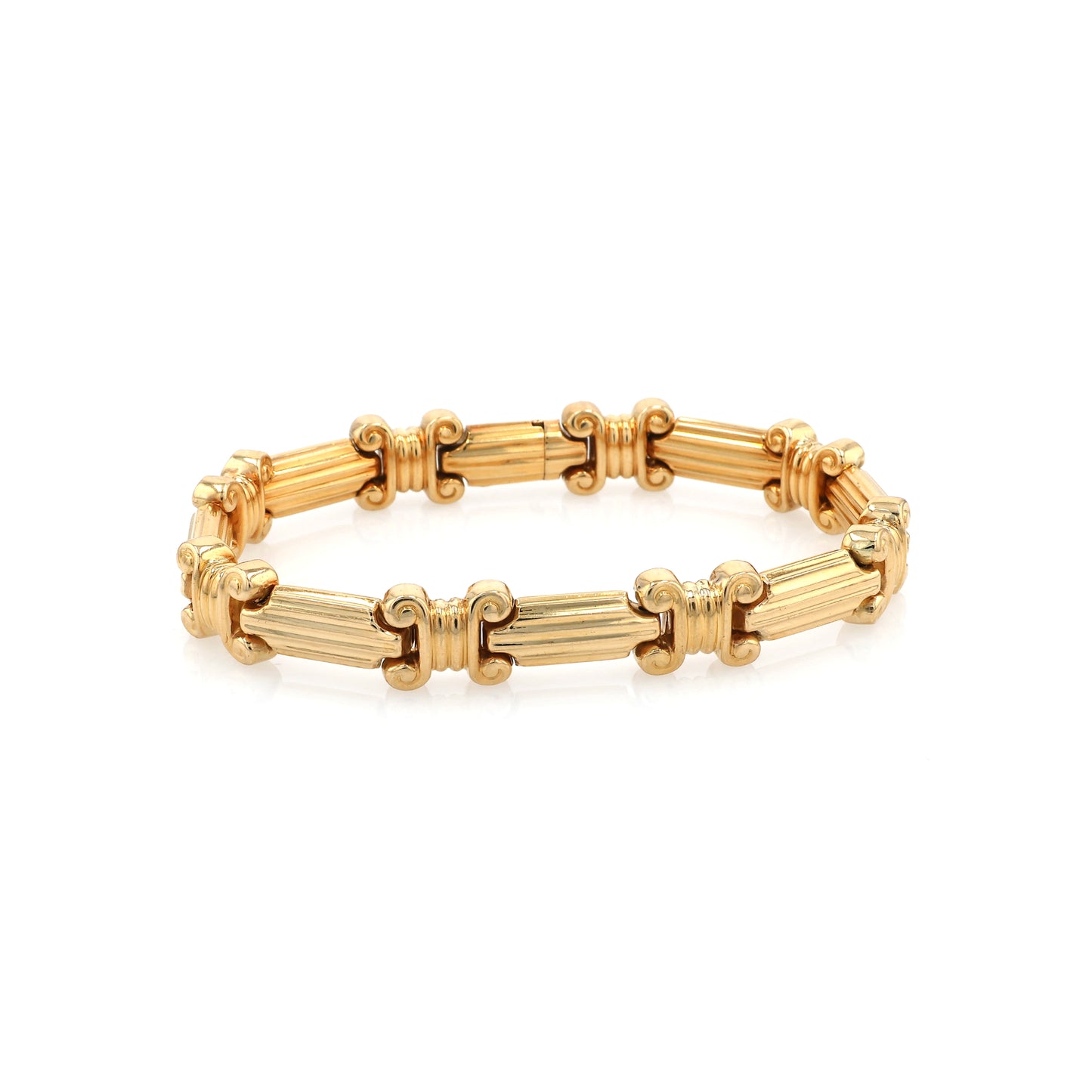 Estate 18 Karat Yellow Gold Alternating Ribbed Bar and Scroll Square Design Bracelet With Hidden Box Clasp
