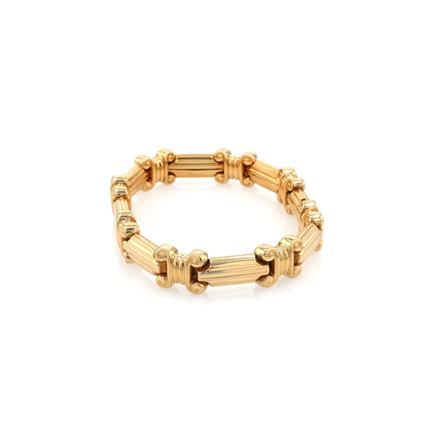 Estate 18 Karat Yellow Gold Alternating Ribbed Bar and Scroll Square Design Bracelet With Hidden Box Clasp