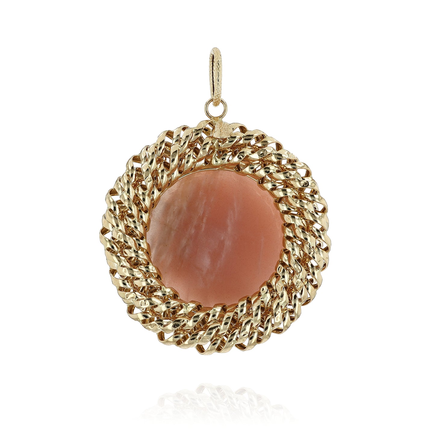 Yellow gold faceted round pink agate pendant with a textured rope border and a polished swirl frame on a white background