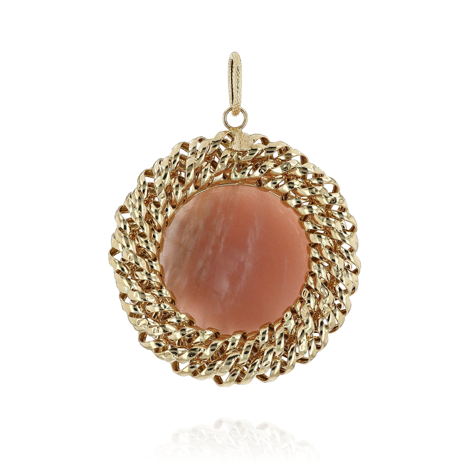 Yellow gold faceted round pink agate pendant with a textured rope border and a polished swirl frame on a white background