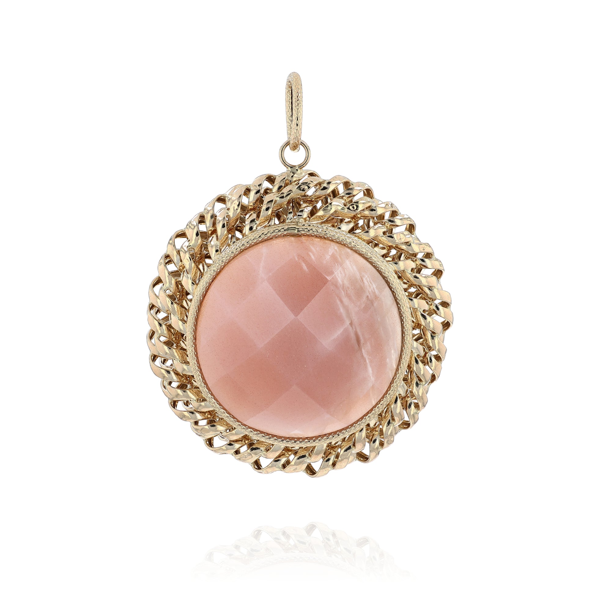 Yellow gold faceted round pink agate pendant with a textured rope border and a polished swirl frame on a white background