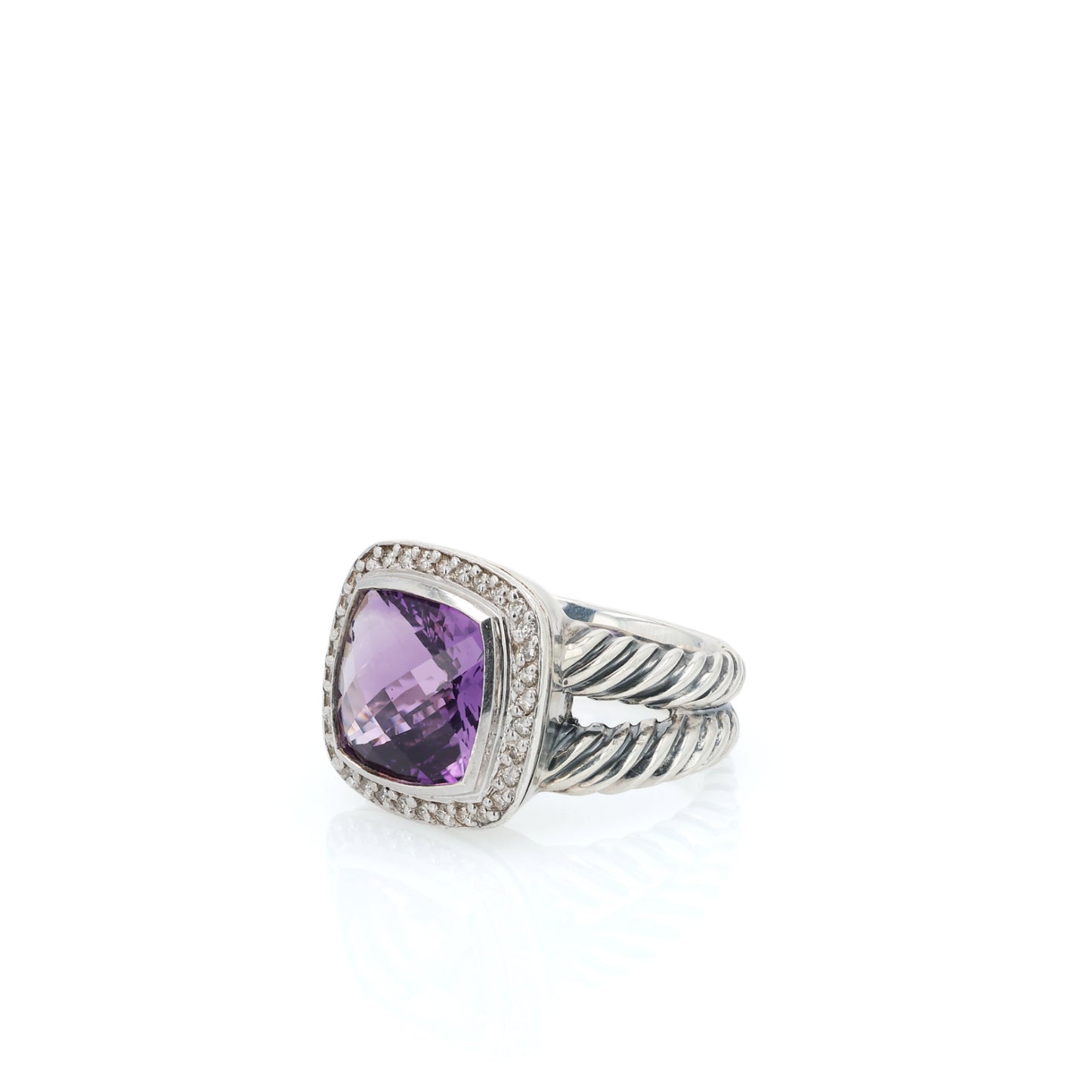 Estate David Yurman Sterling Silver Faceted Amethyst and Diamond Halo Ring