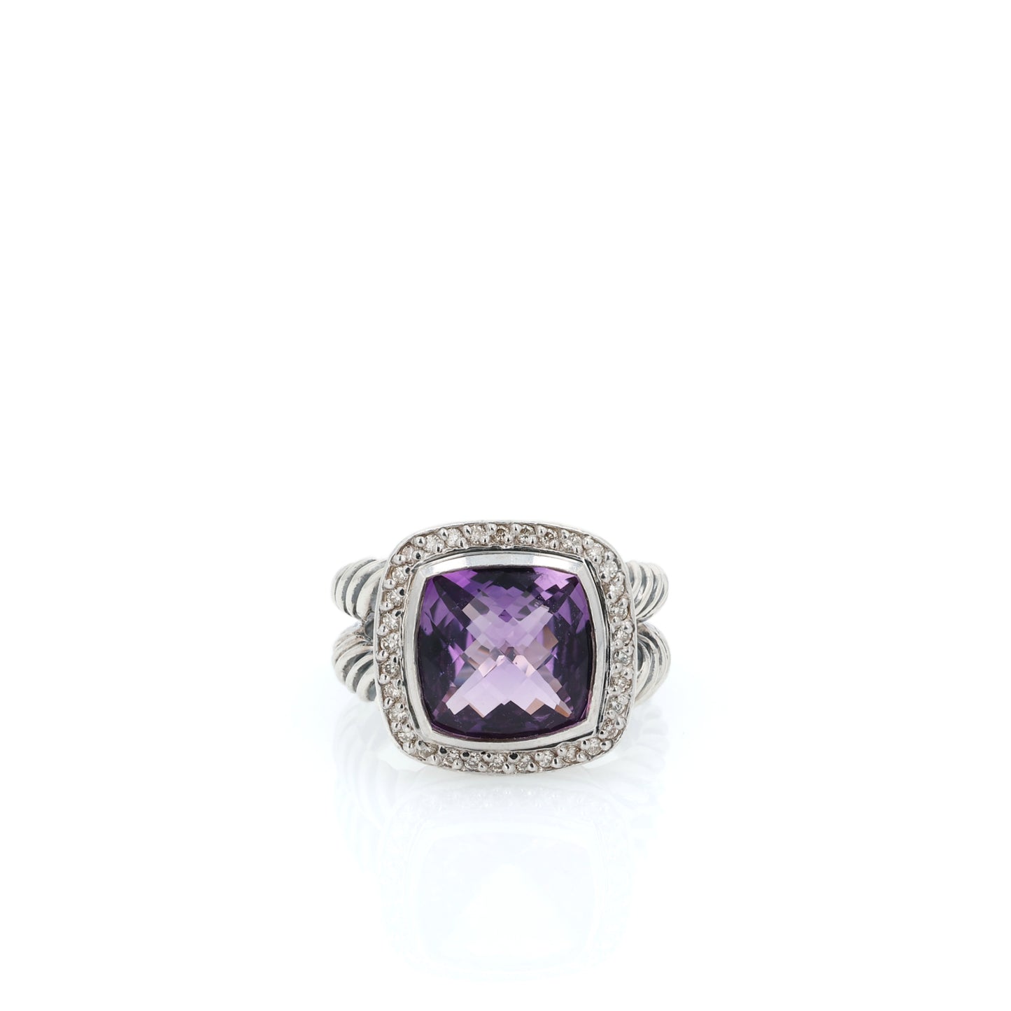Estate David Yurman Sterling Silver Faceted Amethyst and Diamond Halo Ring