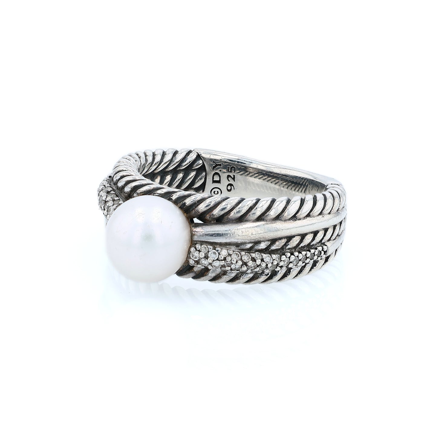 Estate David Yurman Sterling Silver Pearl and Diamond Crossover Ring