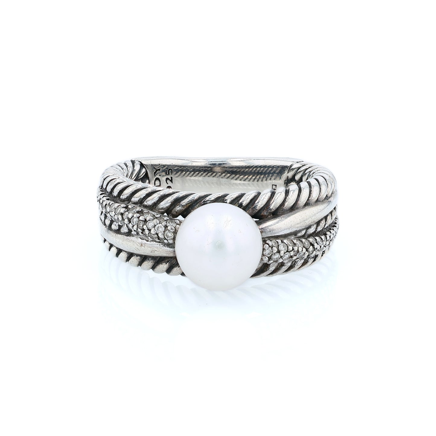 Estate David Yurman Sterling Silver Pearl and Diamond Crossover Ring