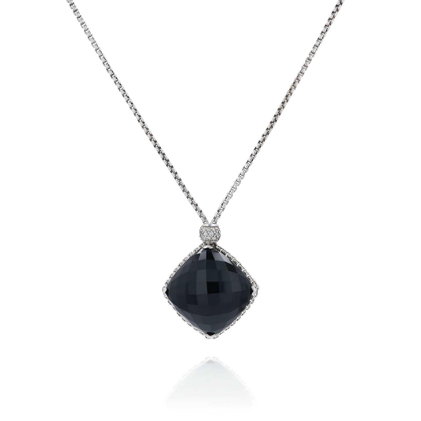 David Yurman silver pendant necklace with a faceted black onyx center and a pave diamond bail on a white background